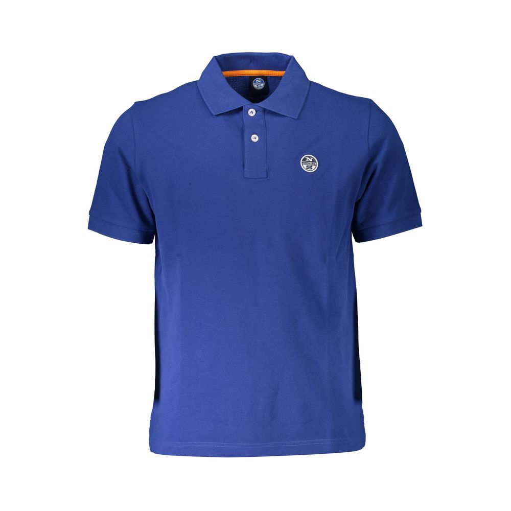 North Sails blue cotton men's polo shirt displayed on a hanger, showcasing its classic collar and short sleeves.