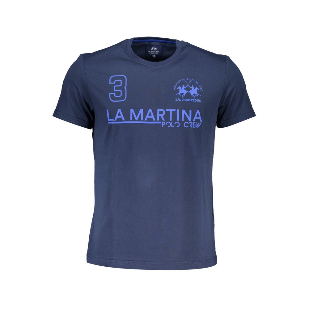 Blue cotton men's T-shirt by La Martina with a classic fit and crew neckline, displayed on a plain background.