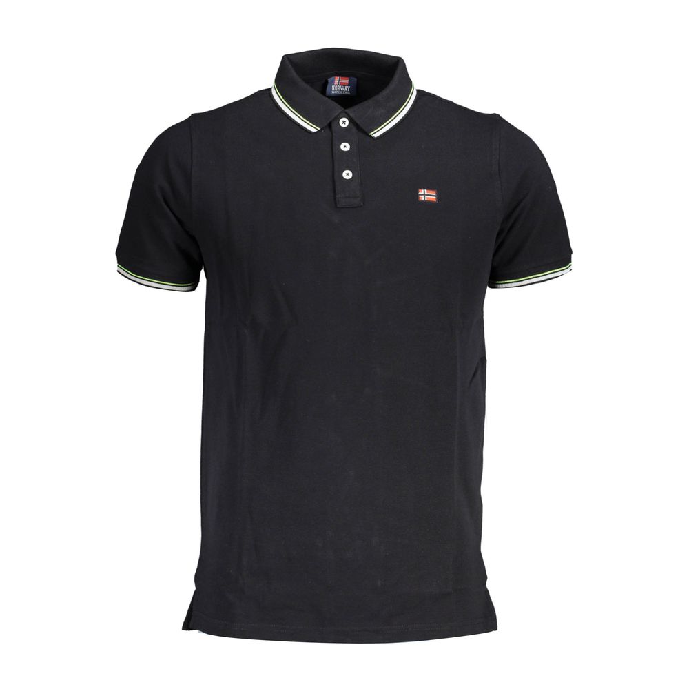 Norway 1963 black cotton men's polo shirt displayed on a hanger, featuring a classic collar and short sleeves.