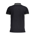 Black cotton men's polo shirt by Norway 1963, featuring a classic fit and collar, showcased on a model.