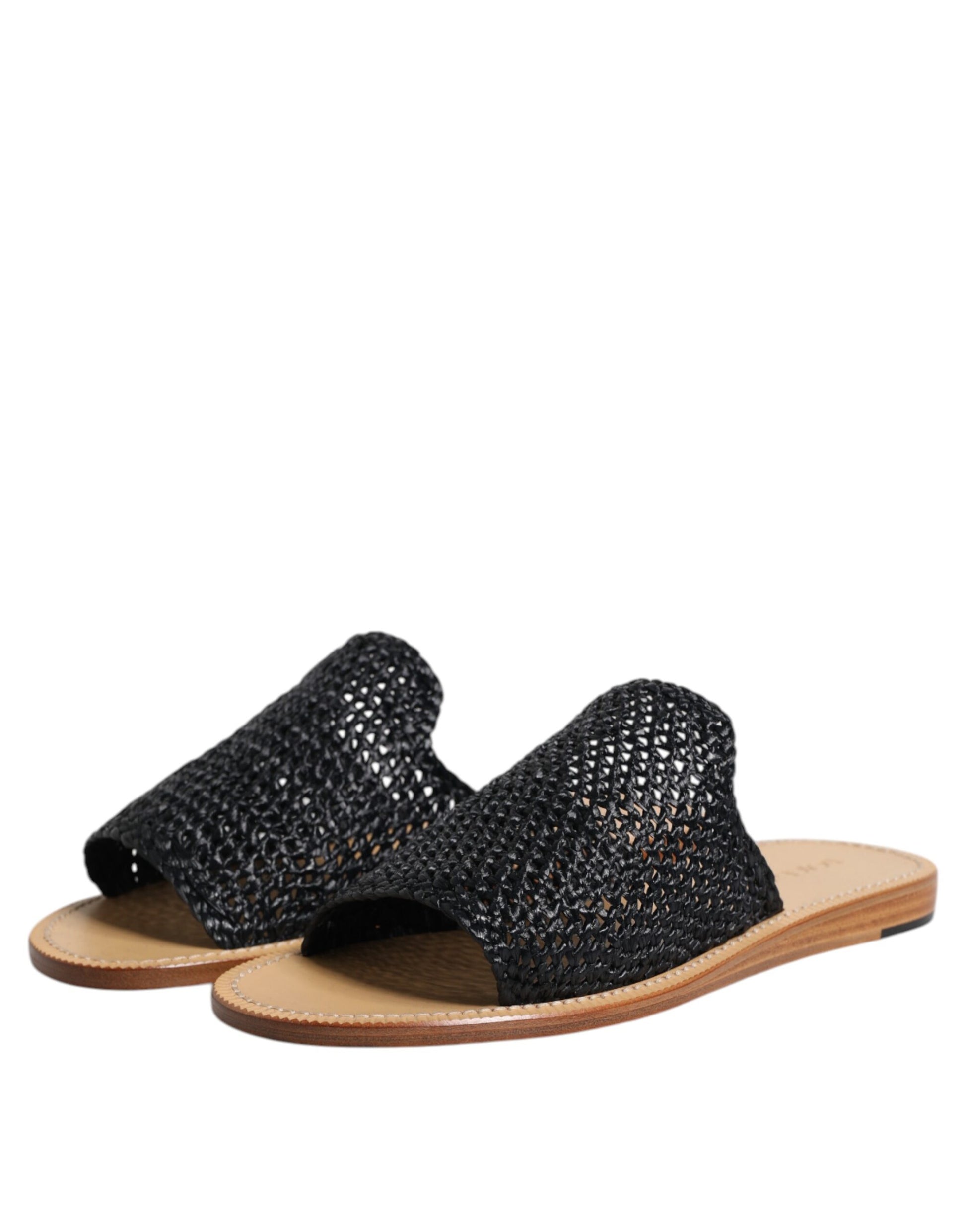Dolce & Gabbana Black Monochrome Braided Raffia Slides Shoes Dolce & Gabbana