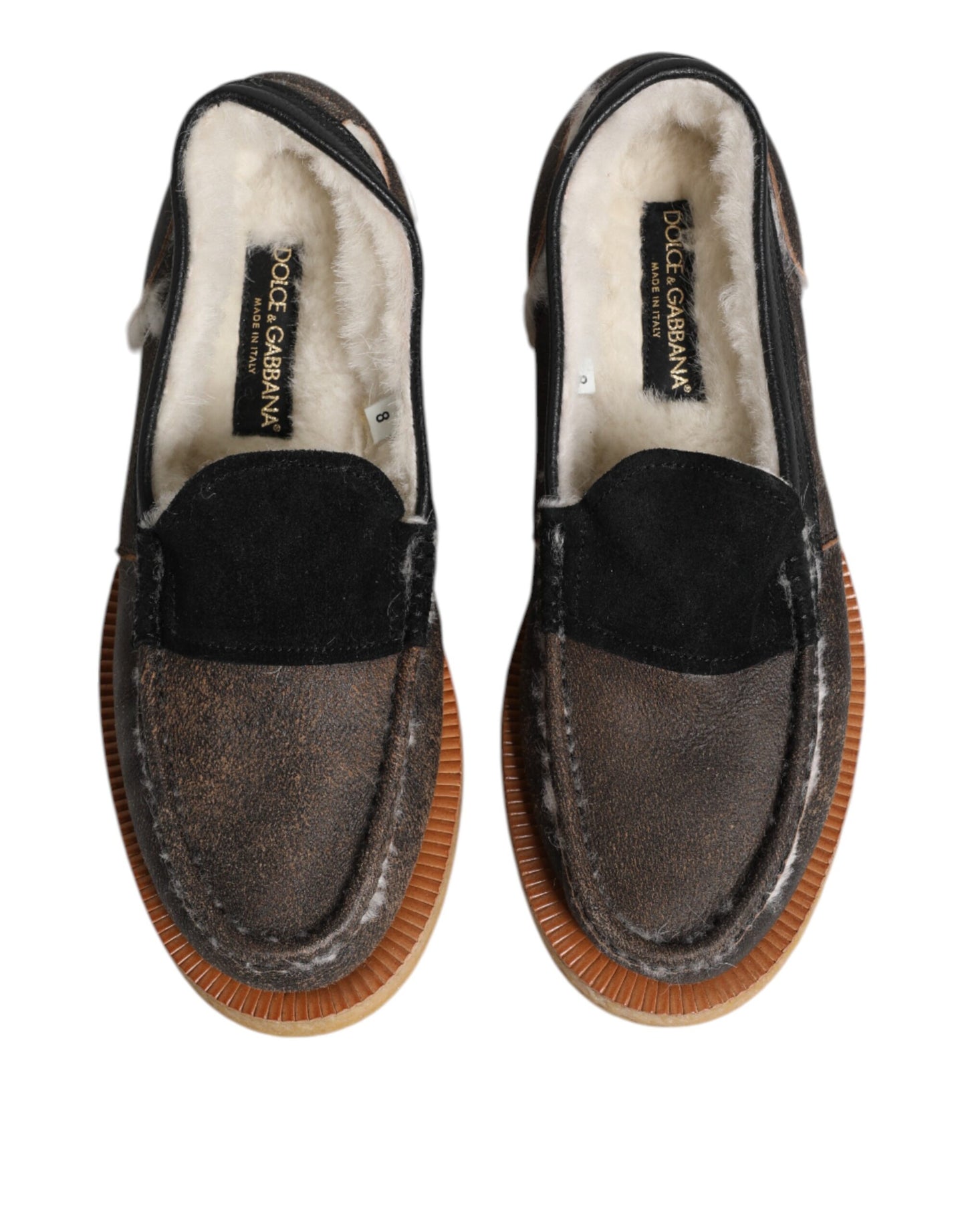 Dolce & Gabbana Brown White Calfskin Leather Loafers Shoes Dolce & Gabbana