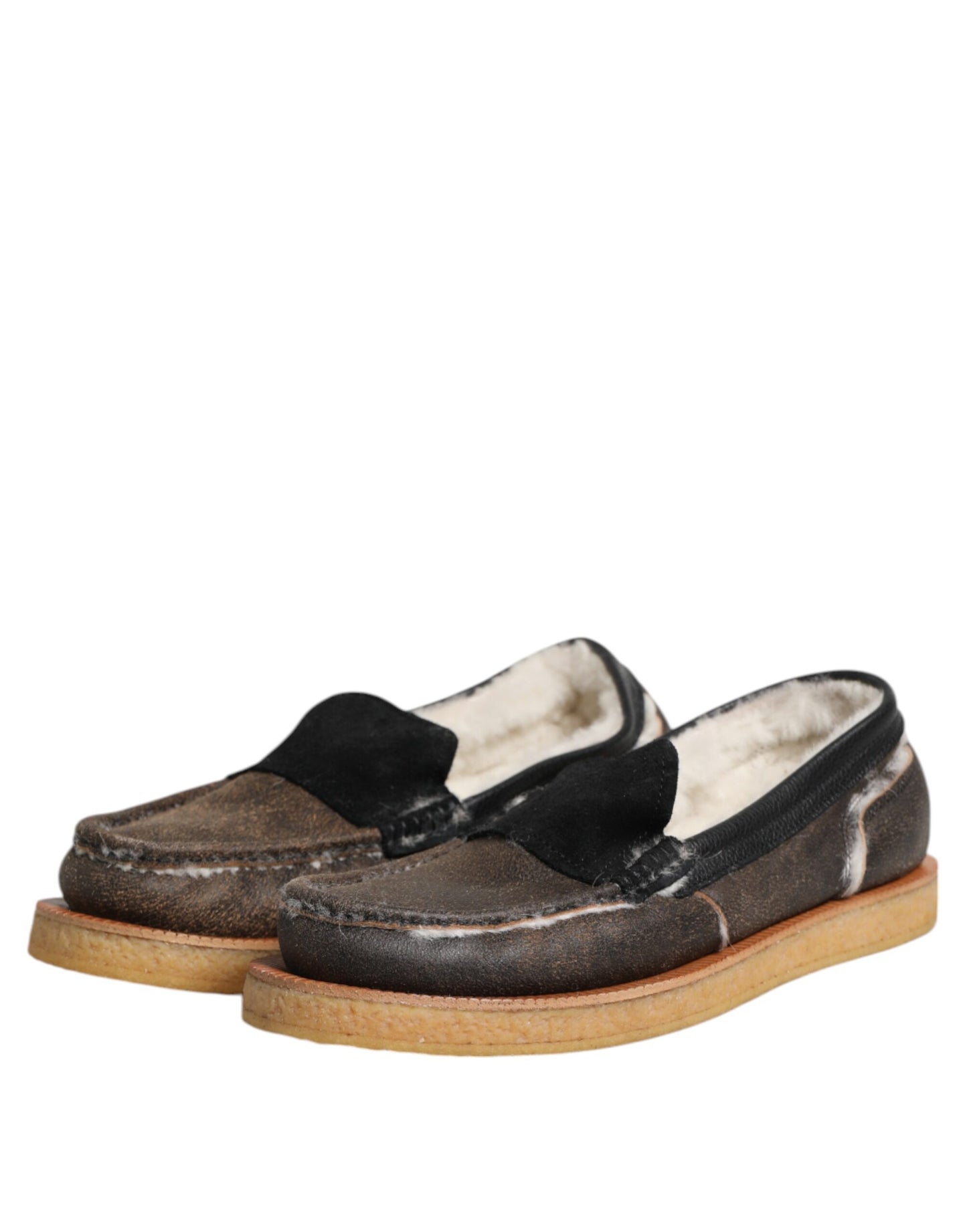 Dolce & Gabbana Brown White Calfskin Leather Loafers Shoes Dolce & Gabbana