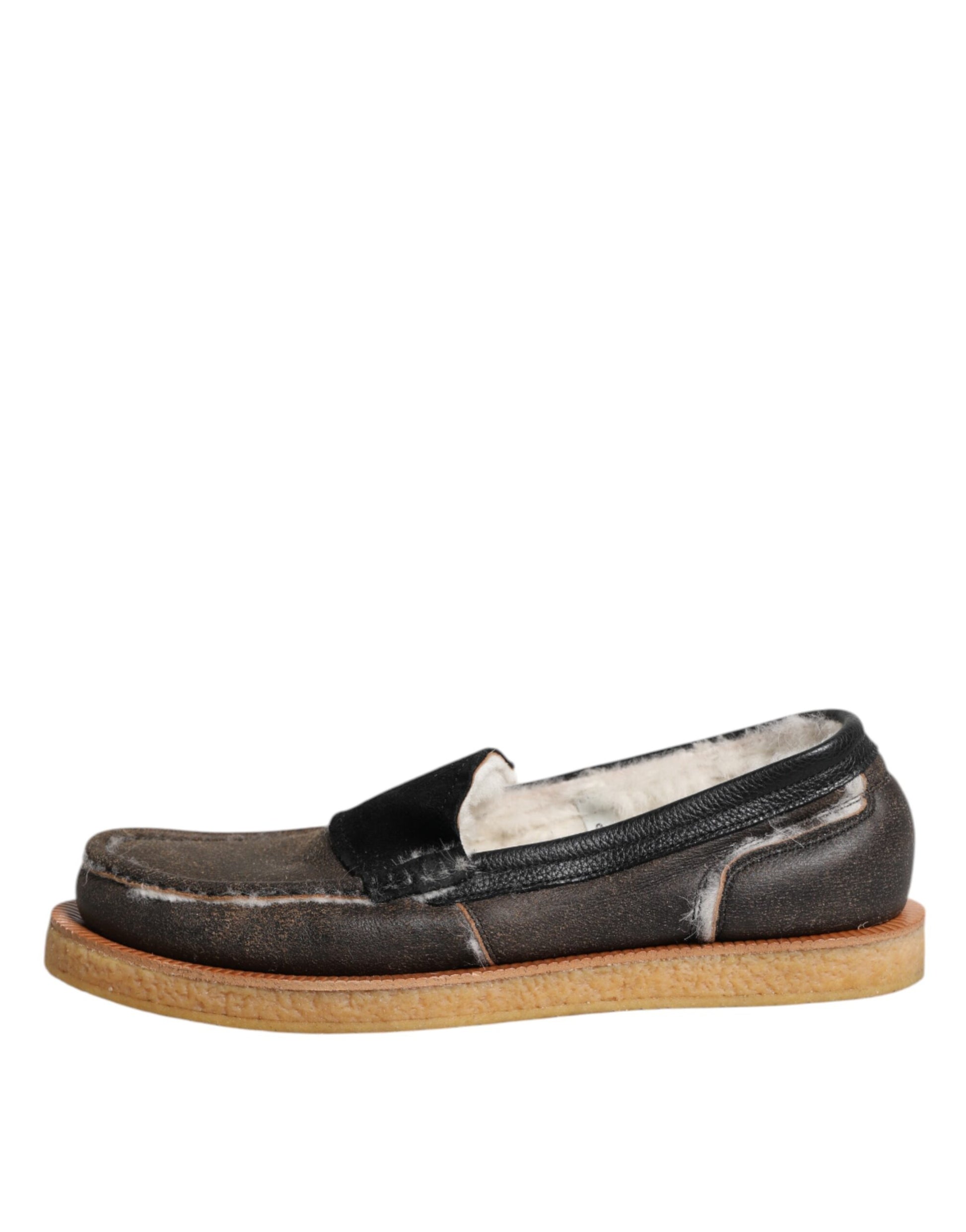 Dolce & Gabbana Brown White Calfskin Leather Loafers Shoes Dolce & Gabbana