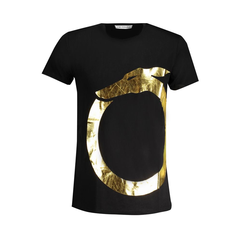 Black cotton men's T-shirt by Trussardi featuring a classic fit and crew neckline.