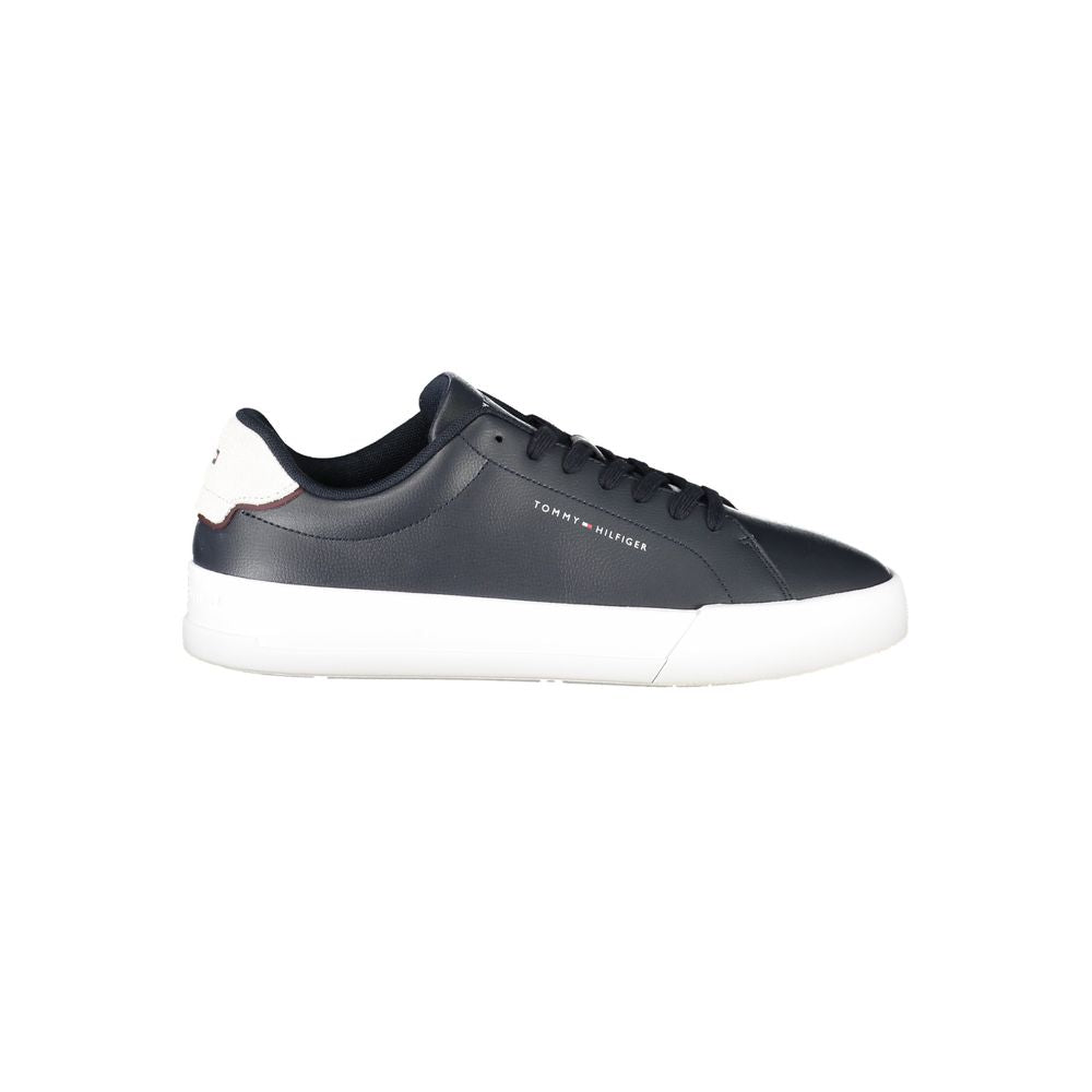 Tommy Hilfiger blue leather men's sneaker with white sole and classic design, featuring the brand logo on the side.