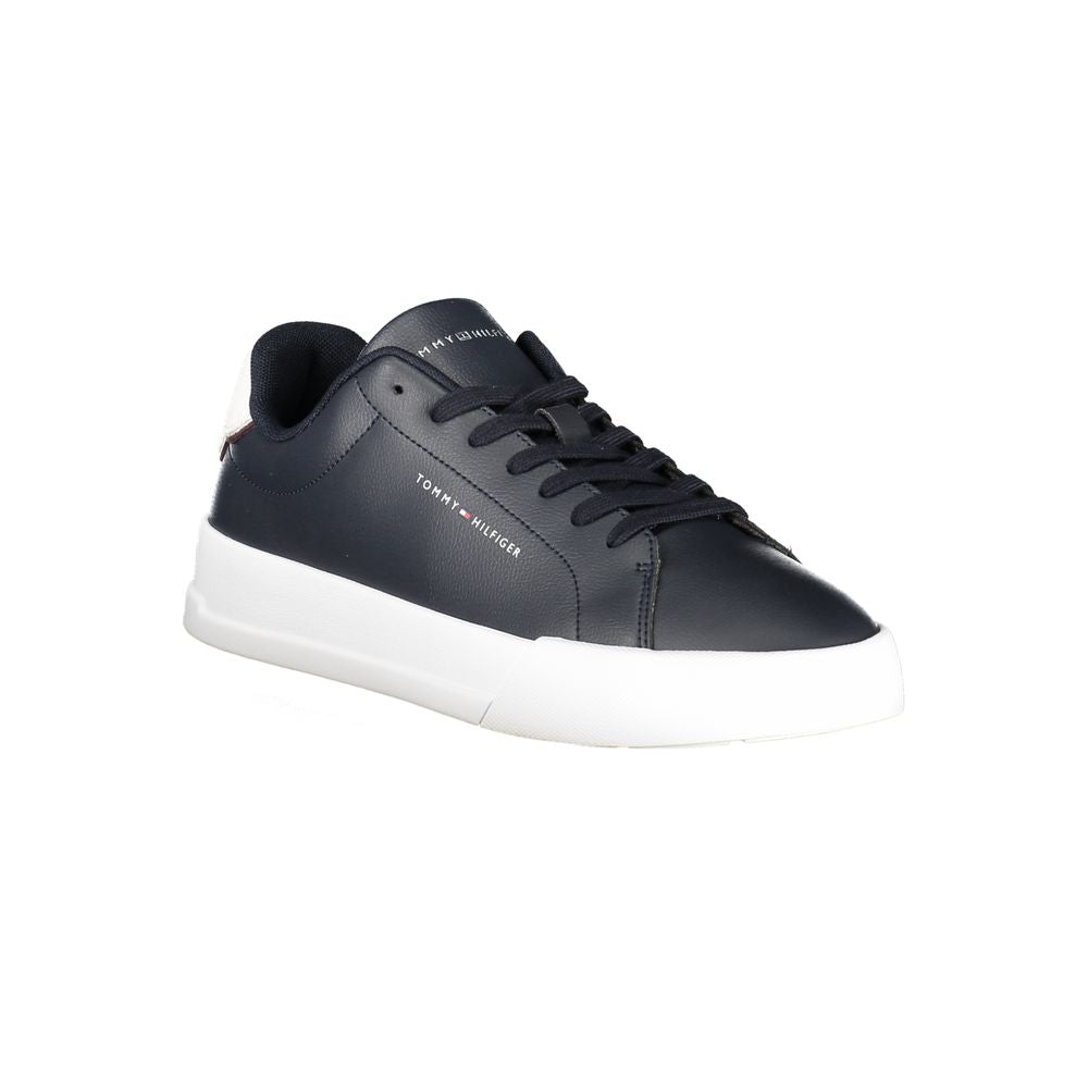 Tommy Hilfiger blue leather men's sneaker with white sole and laces, stylish casual footwear.