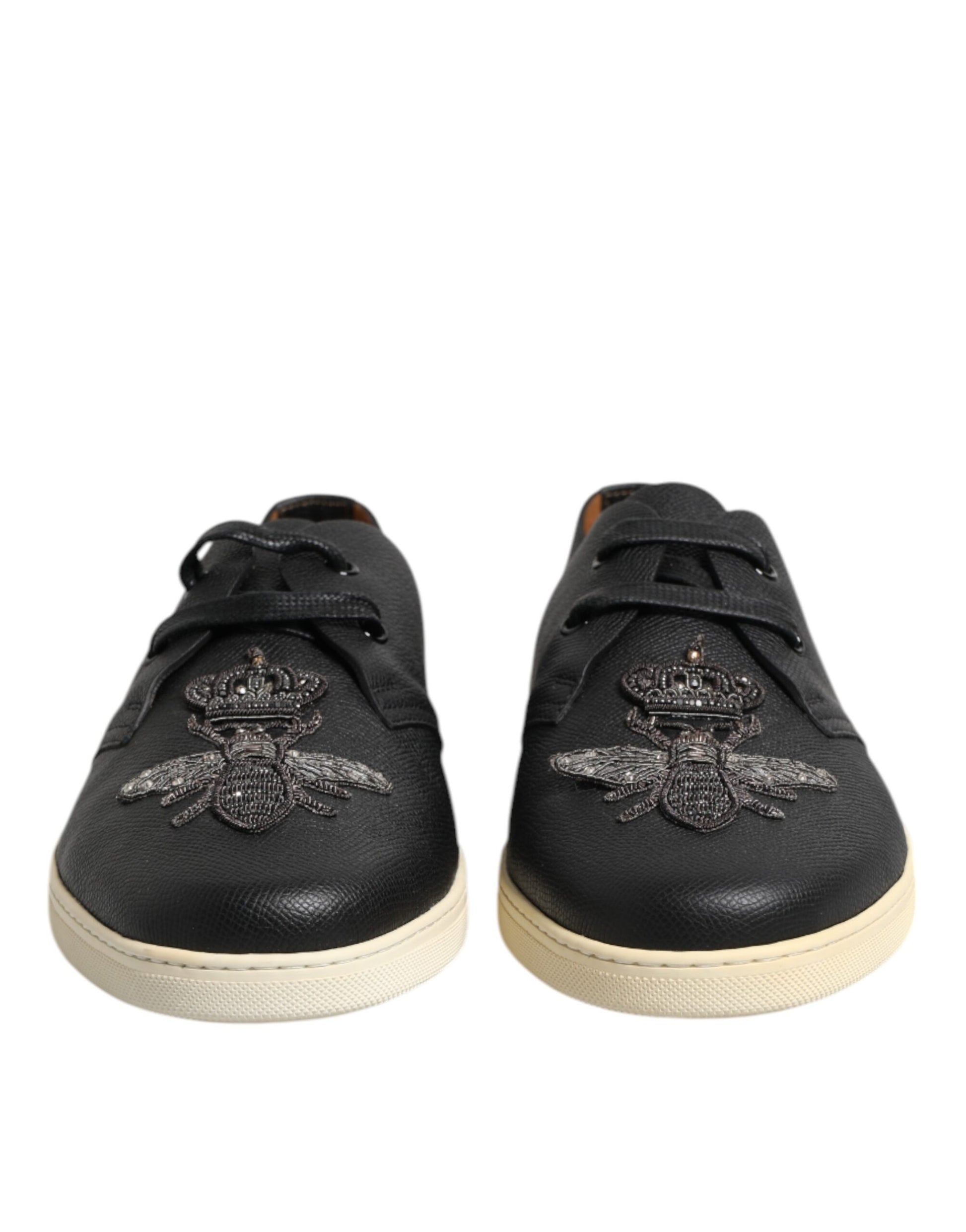 Dolce & Gabbana Black Leather Bee Crown Low Top Sneakers Shoes Dolce & Gabbana