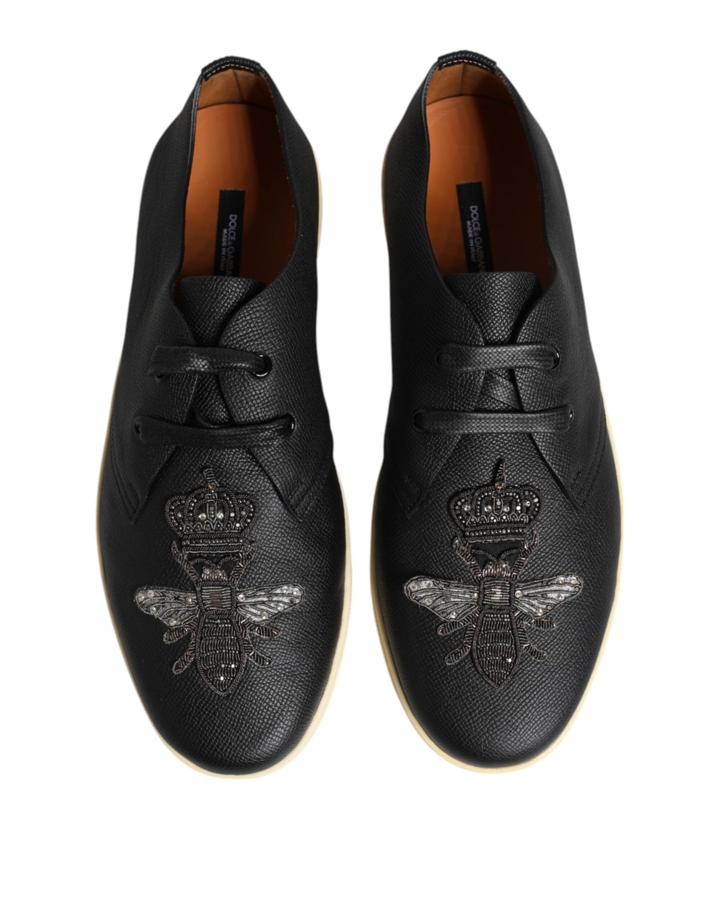 Dolce & Gabbana Black Leather Bee Crown Low Top Sneakers Shoes Dolce & Gabbana