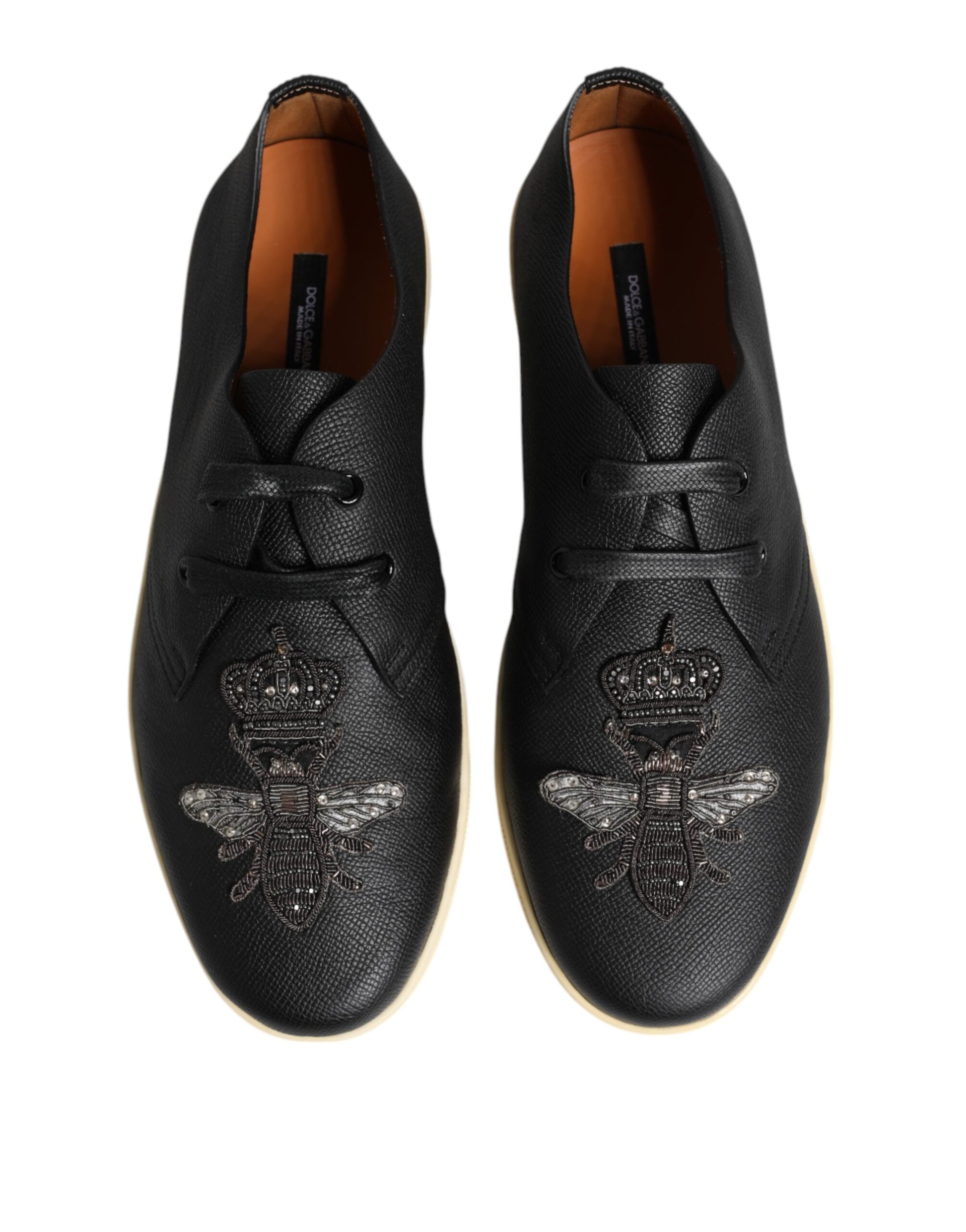Dolce & Gabbana Black Leather Bee Crown Low Top Sneakers Shoes Dolce & Gabbana