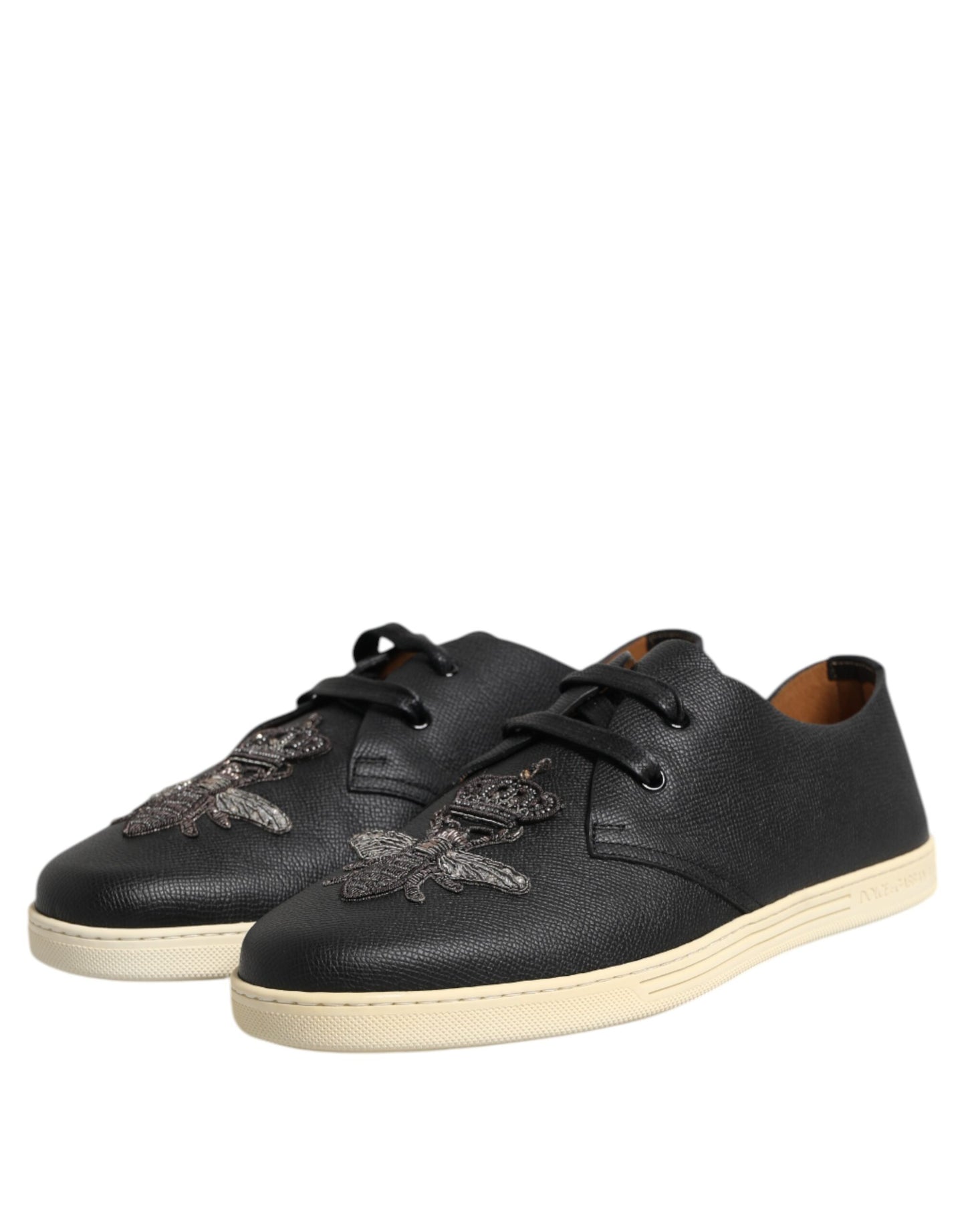 Dolce & Gabbana Black Leather Bee Crown Low Top Sneakers Shoes Dolce & Gabbana