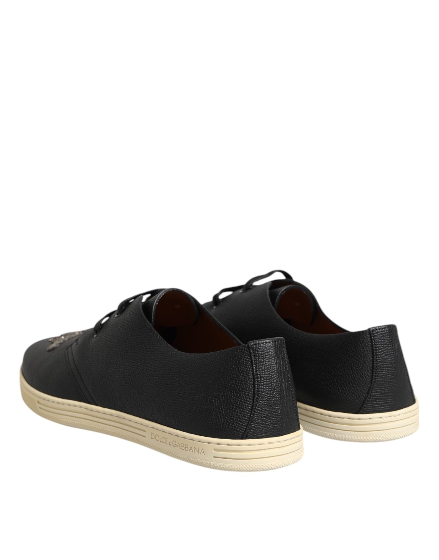 Dolce & Gabbana Black Leather Bee Crown Low Top Sneakers Shoes Dolce & Gabbana