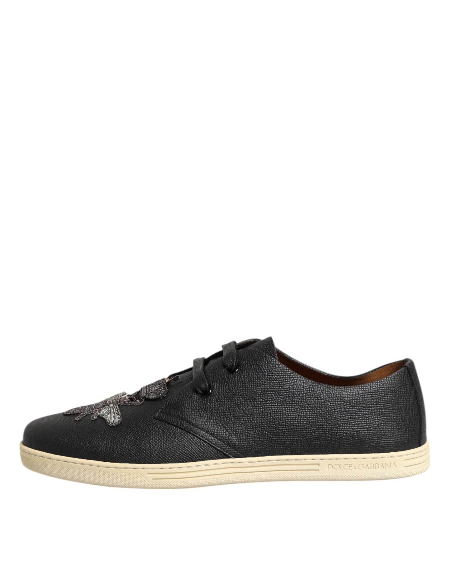 Dolce & Gabbana Black Leather Bee Crown Low Top Sneakers Shoes Dolce & Gabbana