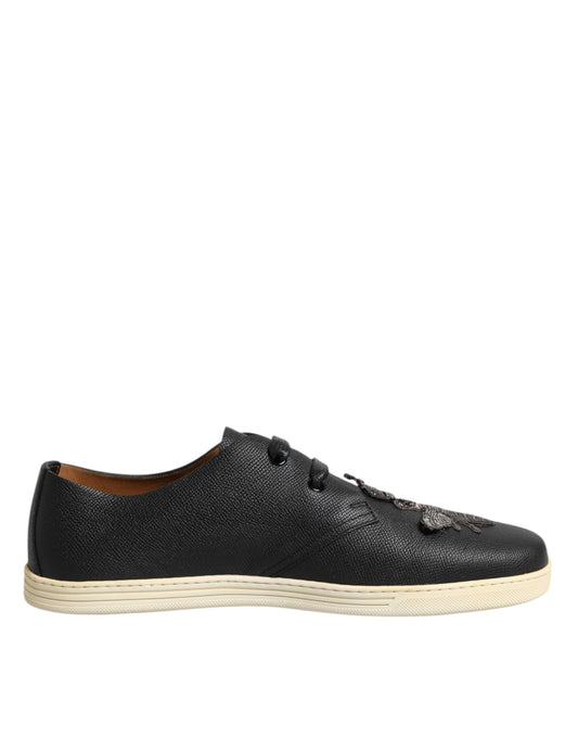Dolce & Gabbana Black Leather Bee Crown Low Top Sneakers Shoes Dolce & Gabbana