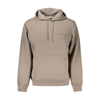 Calvin Klein men's hoodie in brown cotton, featuring a relaxed fit and minimalist design, displayed on a model.