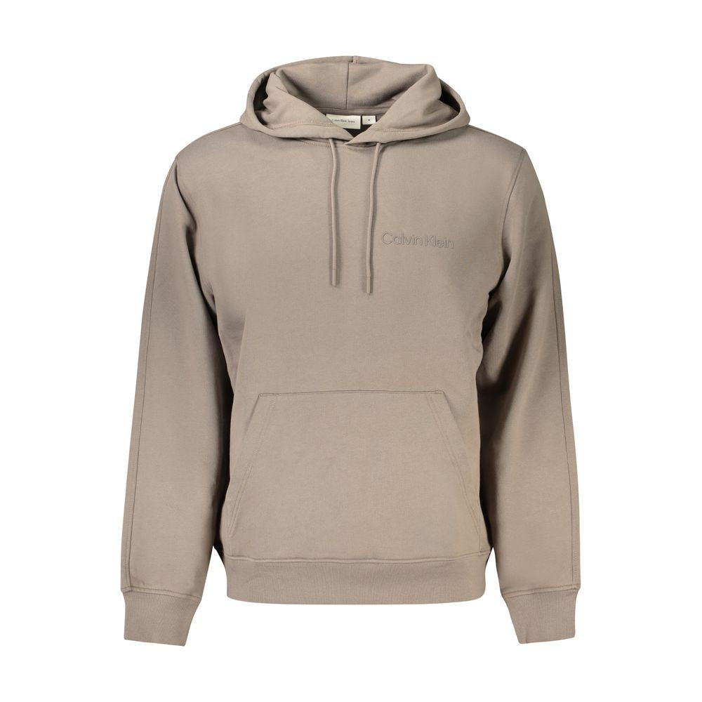 Calvin Klein men's hoodie in brown cotton, featuring a relaxed fit and minimalist design, displayed on a model.