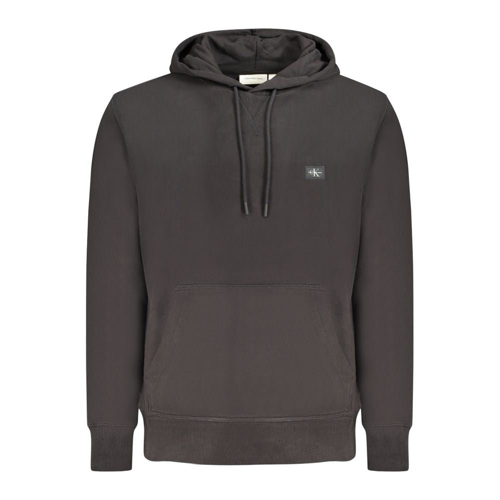 Black Calvin Klein men's cotton hoodie with a front pocket and hood, displayed on a hanger.