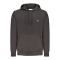 Black Calvin Klein men's cotton hoodie with a front pocket and hood, displayed on a hanger.