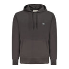 Black Calvin Klein men's cotton hoodie with a front pocket and hood, displayed on a hanger.