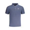 North Sails blue cotton men's polo shirt displayed on a hanger, featuring a classic collar and short sleeves.
