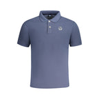 North Sails blue cotton men's polo shirt displayed on a hanger, featuring a classic collar and short sleeves.