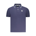 Men's North Sails blue cotton polo shirt with a classic collar and short sleeves, displayed on a hanger.
