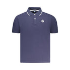 Men's North Sails blue cotton polo shirt with a classic collar and short sleeves, displayed on a hanger.