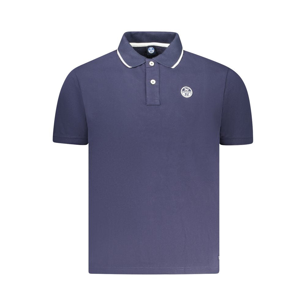 Men's North Sails blue cotton polo shirt with a classic collar and short sleeves, displayed on a hanger.