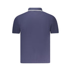 Men's North Sails blue cotton polo shirt with a classic collar and short sleeves, displayed on a hanger.