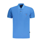 Napapijri men's cotton polo shirt in blue, featuring a classic collar and short sleeves, displayed on a plain background.