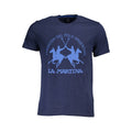 Blue cotton men's T-shirt by La Martina with a classic fit and subtle branding, shown laid flat on a white background.