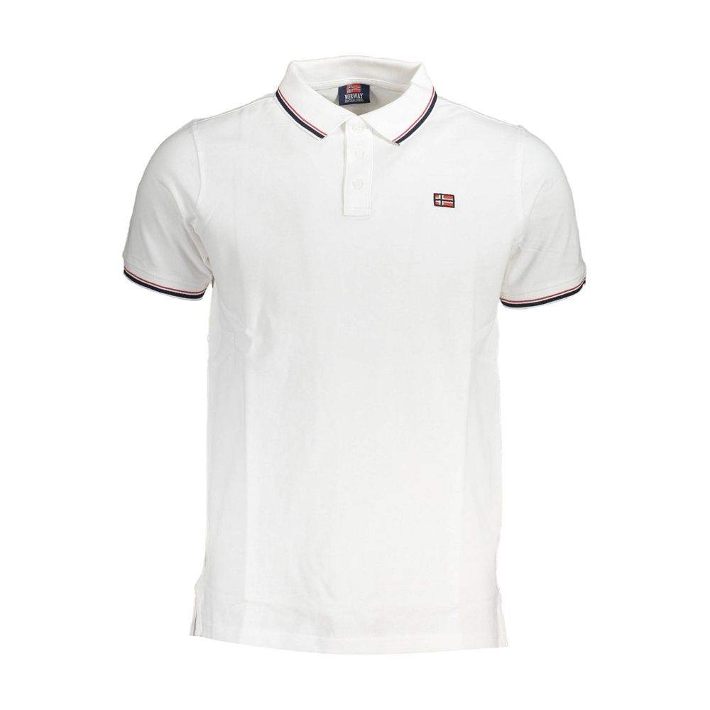 Norway 1963 Bianco cotton men's polo shirt with a classic collar and short sleeves, displayed on a white background.