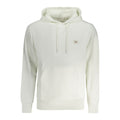 Calvin Klein white cotton men's hooded sweatshirt with front pocket and adjustable drawstrings, casual streetwear style.