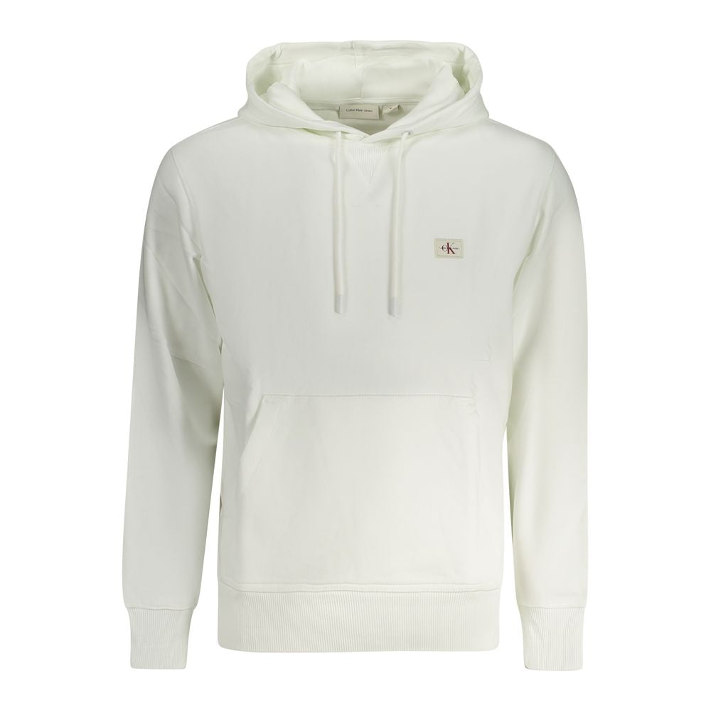 Calvin Klein white cotton men's hooded sweatshirt with front pocket and adjustable drawstrings, casual streetwear style.