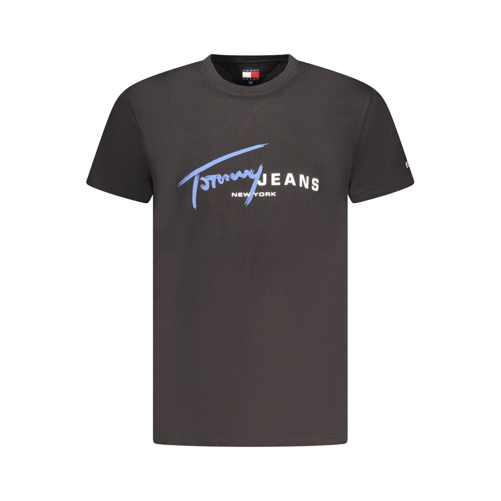 Black cotton men's T-shirt by Tommy Hilfiger featuring a classic fit and logo detail, displayed flat on a white background.