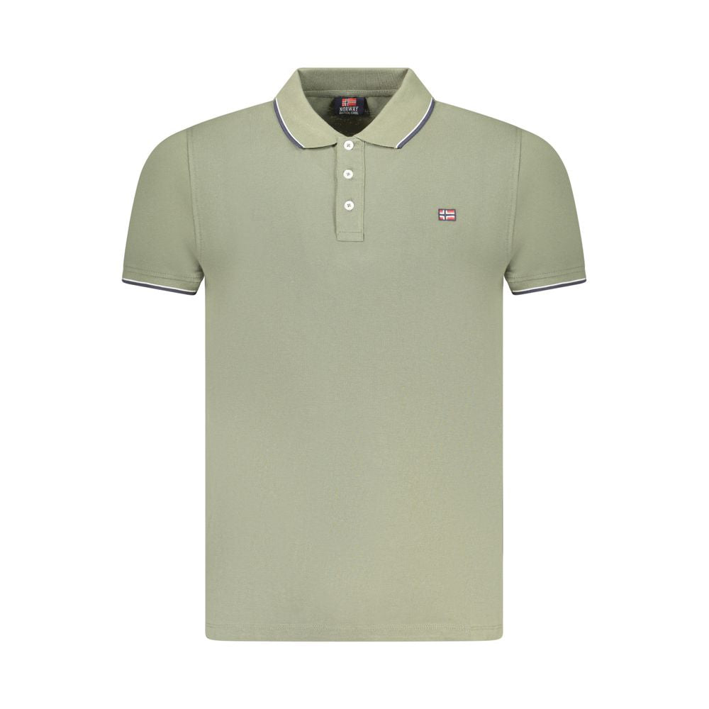 Norway 1963 Verde Cotton Men’s Polo shirt displayed on a hanger, featuring a classic collar and short sleeves.