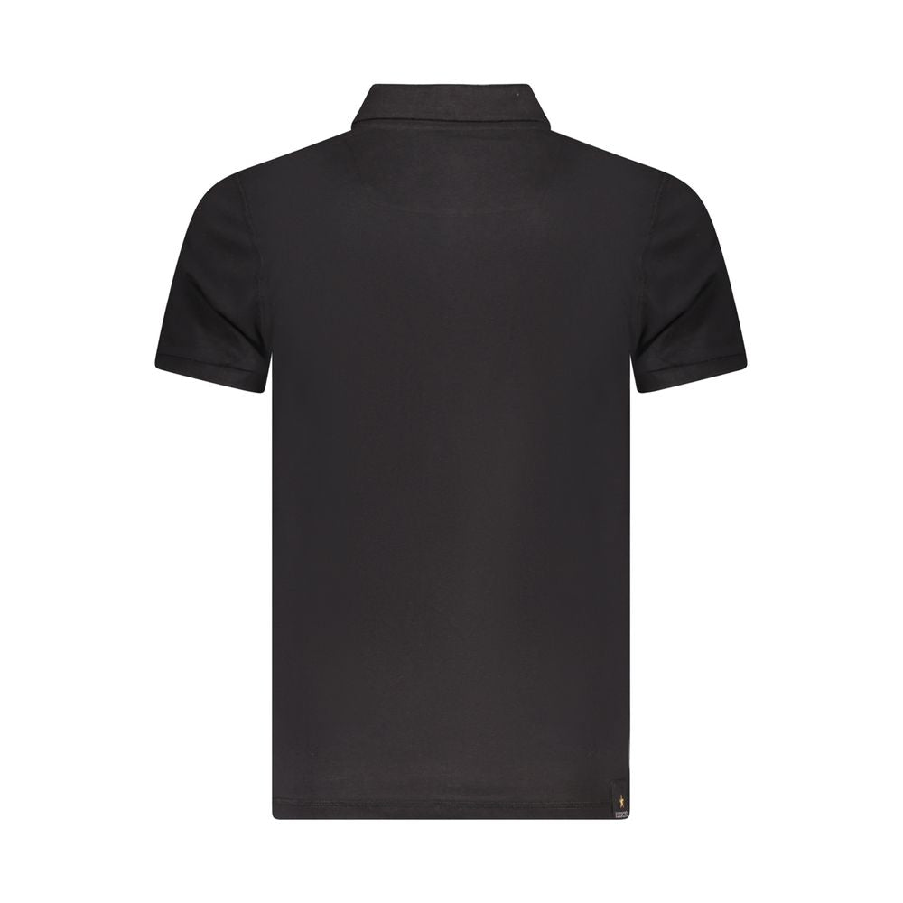 Black cotton men's polo shirt by Accademia Militare, featuring a classic fit and collar, displayed on a hanger.
