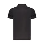 Black cotton men's polo shirt by Accademia Militare, featuring a classic fit and collar, displayed on a hanger.