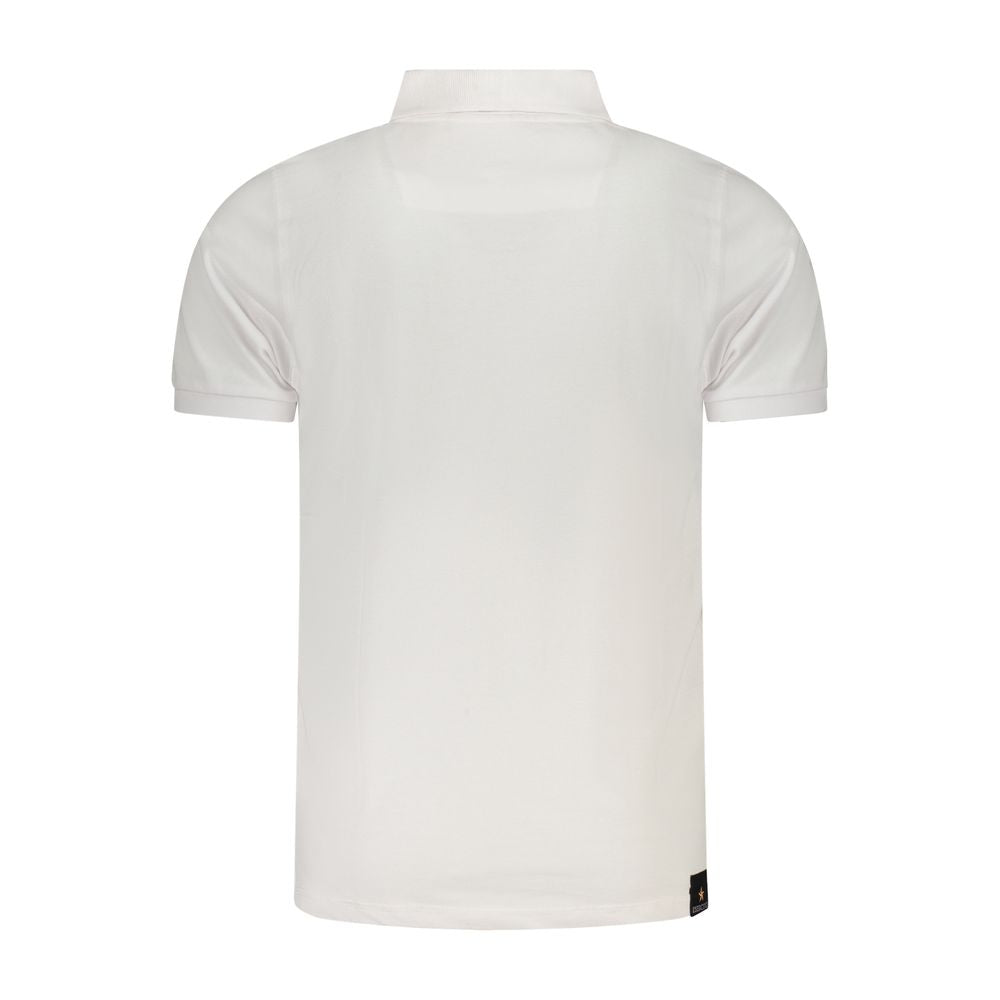White cotton men's polo shirt by Accademia Militare, featuring a classic collar and short sleeves, displayed on a hanger.