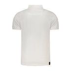 White cotton men's polo shirt by Accademia Militare, featuring a classic collar and short sleeves, displayed on a hanger.