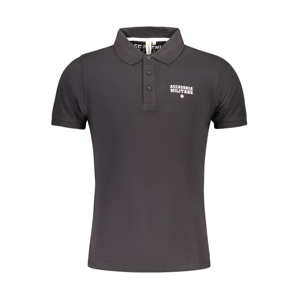 Black cotton men's polo shirt by Accademia Militare, featuring a classic fit and collar, shown on a plain background.