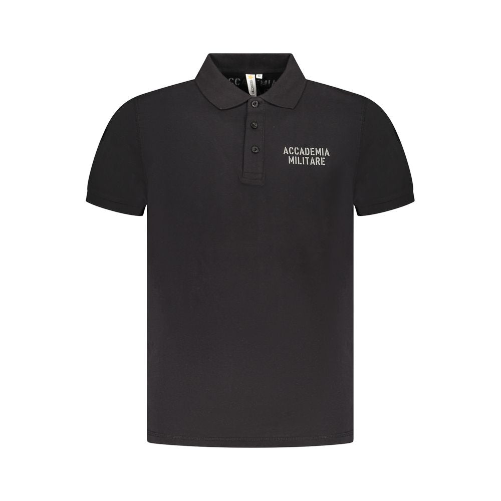 Black cotton men's polo shirt by Accademia Militare with a classic fit and collar, shown on a plain background.