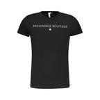 Black cotton men's T-shirt featuring the Accademia Militare logo, casual fit, with short sleeves and round neckline.