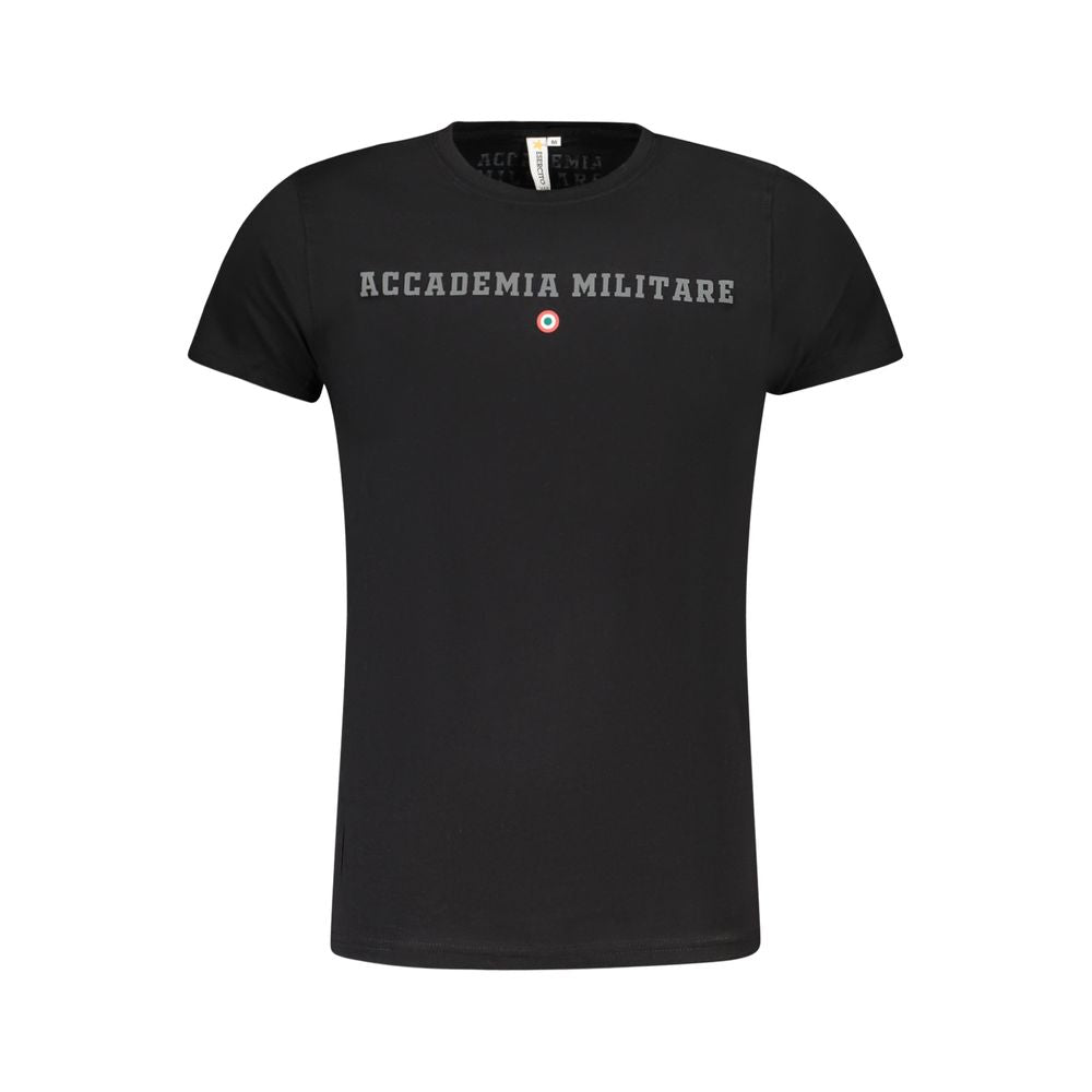 Black cotton men's T-shirt featuring the Accademia Militare logo, casual fit, with short sleeves and round neckline.