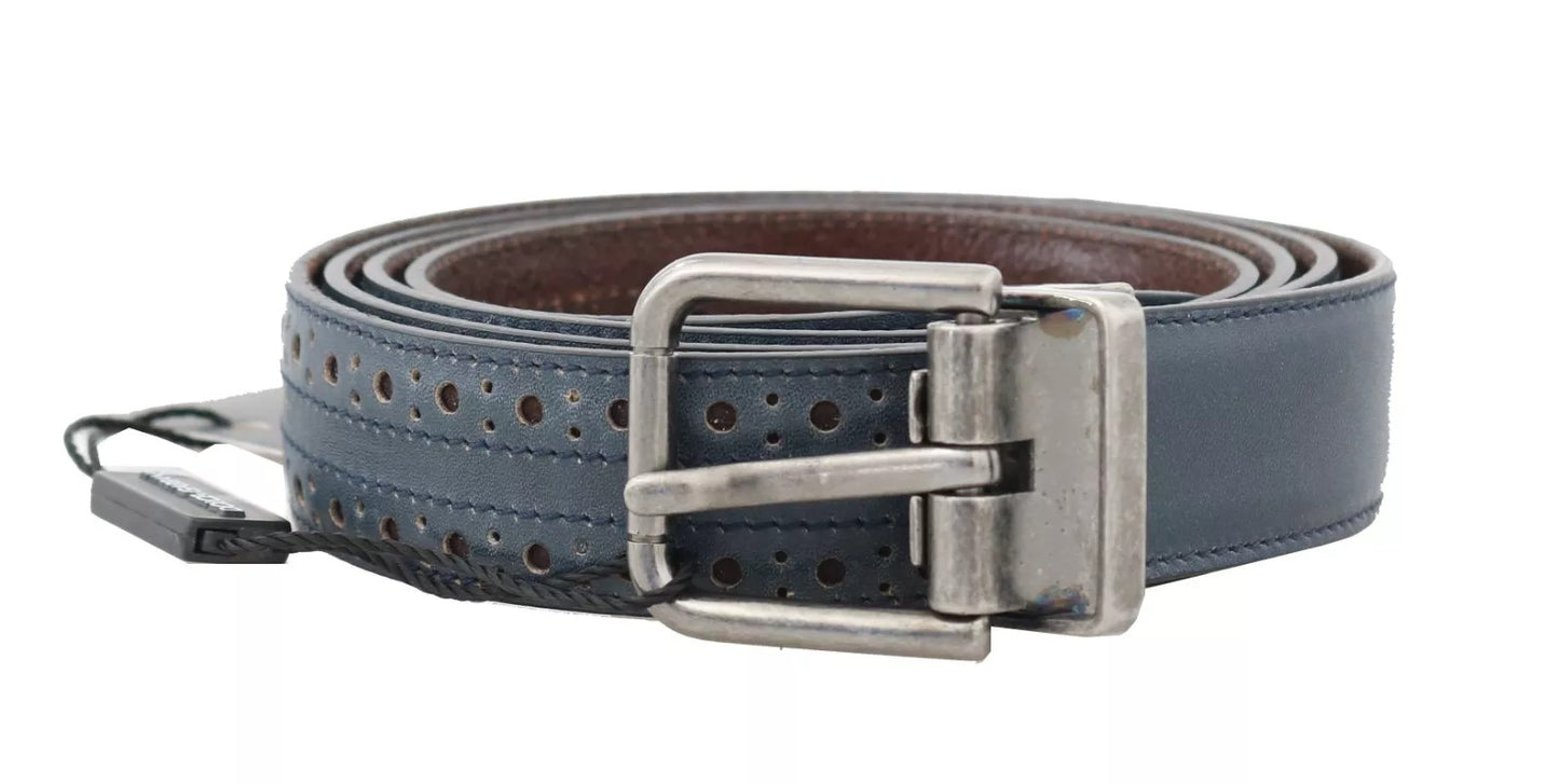 Dolce & Gabbana Blue Perforated Leather Gray Buckle Belt Dolce & Gabbana