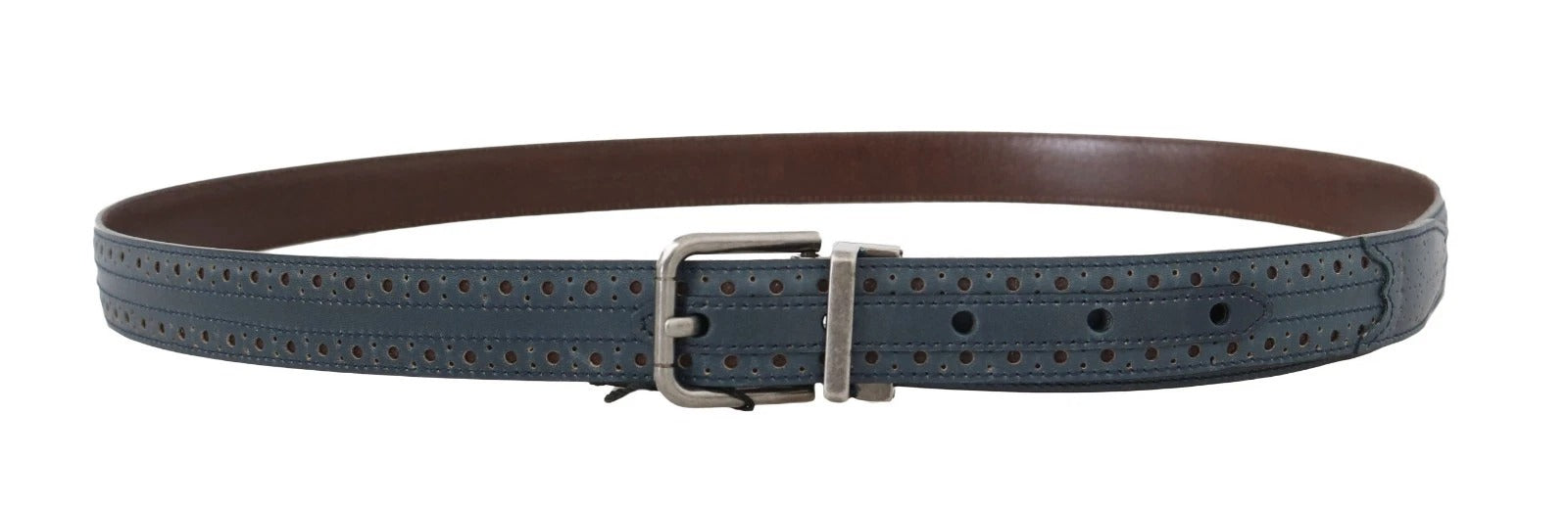 Dolce & Gabbana Blue Perforated Leather Gray Buckle Belt Dolce & Gabbana