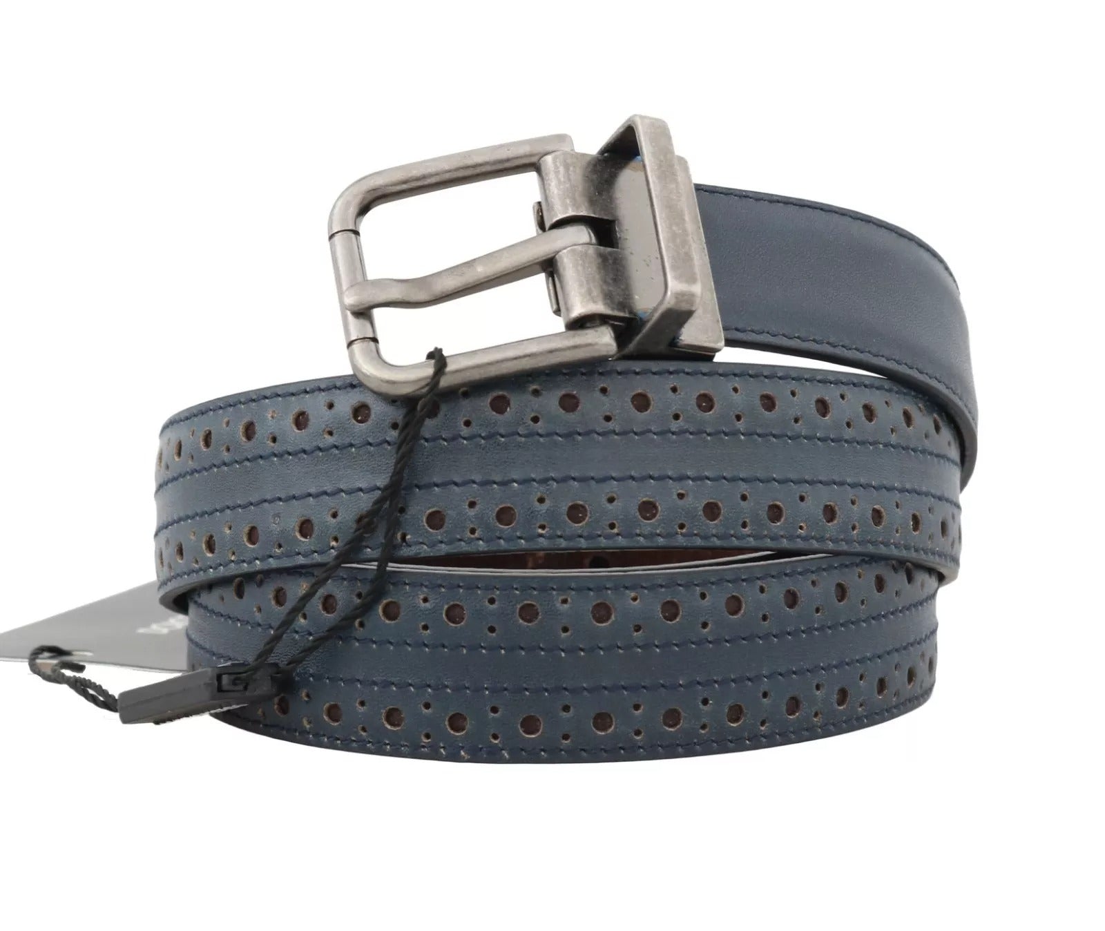 Dolce & Gabbana Blue Perforated Leather Gray Buckle Belt Dolce & Gabbana