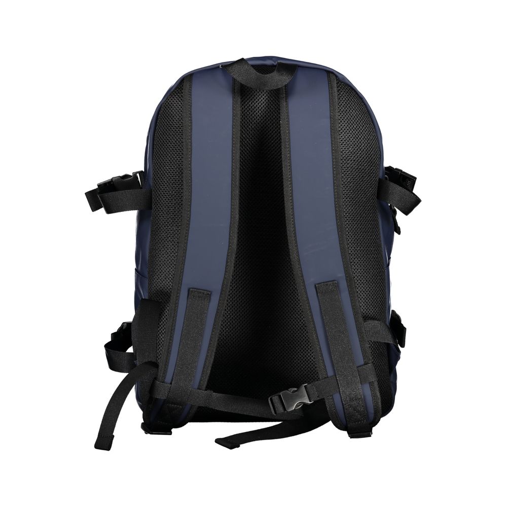 Tommy Hilfiger blue polyurethane men's backpack with adjustable straps and front zipper pocket, stylish and functional.