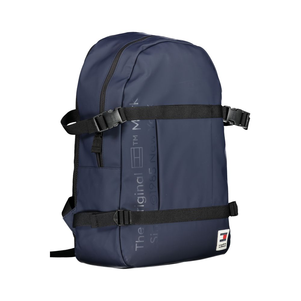 Tommy Hilfiger blue polyurethane men's backpack with adjustable straps and front pocket, stylish and durable for everyday use.