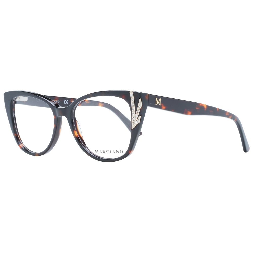 Marciano by Guess brown plastic glasses frames, close-up view showing stylish design and clear lenses.